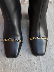 Black Chain Front Block Heel Boots