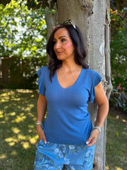 Denim Ruffle Sleeve Knit Top Hannah
