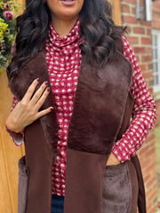 Chocolate Sleeveless Faux Fur Trim Coat Alexis