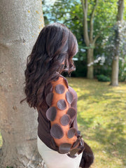 Chocolate Applique Mesh Sleeve Knit Celine