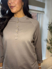 Mocha Button Down Sweat Top Quinn
