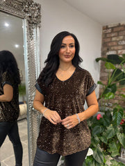 Chocolate Velour Sequin Trim Top Gabby