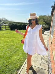 White Frill Sleeve Bubble Cotton Dress Alison