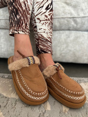Camel Faux Fur Lined Mule Slippers