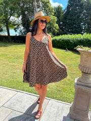 Camel Greek Key Sleeveless Dress Cleo