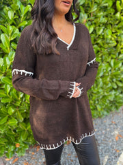 Chocolate Blanket Stitch V Neck Jumper Jenny