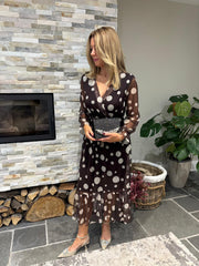 Chocolate Polka Dot Belted Mesh Dress Alana