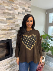 Chocolate Metallic Heart Ribbed Sweatshirt Brooke