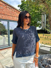 Navy Striped Textured Linen Top Anais