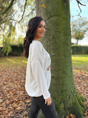 Winter White Chenille Leopard V Neck Sweatshirt Elle