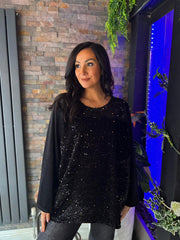 Black Velour Sequin Panel Top Raven