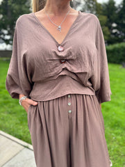 Mocha Ruched Pebble Button Top Kate