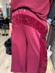 Wine Cropped Sequin Panel Wide Leg Trousers