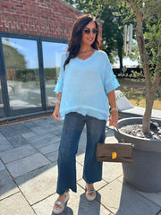 Blue Frayed Detail V Neck Top River