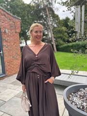 Chocolate Ruched Pebble Button Top Kate