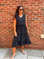 Black Bubble Cotton Fringed Tier Dress Amanda
