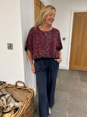 Wine Paisley Bubble Cotton Bubble Hem Top Rita