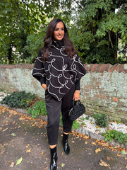 Black Boucle Swirl Pattern Poncho