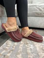 Wine Faux Fur Lined Mule Slippers