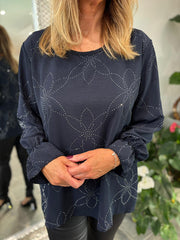 Navy Diamante Flower Top Kinsley