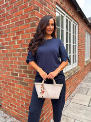 Navy Lace Sleeve Fine Knit Becca