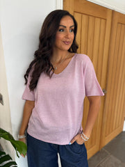 Pink V Neck Shimmer Knit Cassie