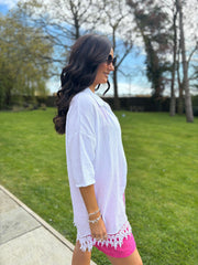 White Bubble Cotton Crochet Hem Blouse Jo