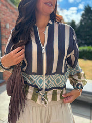 Navy Tribal Stripe Bomber Jacket