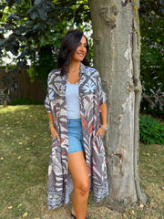 Mocha Tropical Leaf Shirt Dress Athena