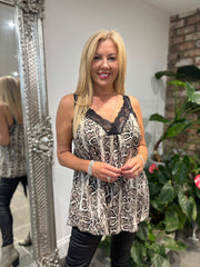Black Snake Print Lace Trim Vest Megan