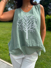 Khaki Embellished Tree Of life Vest Top Olivia