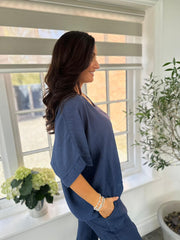 Navy Textured V Neck Top Kaylee