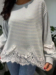 Light Blue Striped Lace Hem Top Adelaide