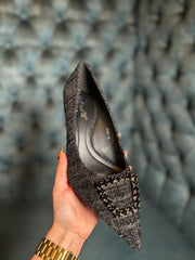 Black Textured Gem Kitten Heels