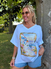 White Mediterranean Coastal Print Tee Carol