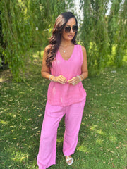 Candy Pink Textured Lightweight Trousers Kaylee