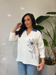Winter White Collared Flower Sweatshirt Angel