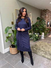 Navy Tie Waist Knit Dress Flora