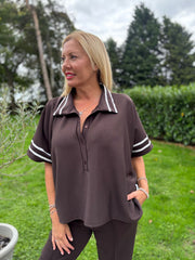 Chocolate Stripe Detail Button Top Leona