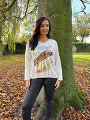 Winter White Chenille Leopard V Neck Sweatshirt Elle