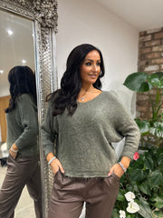 Khaki Shimmer V Neck Knit Seren