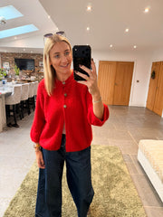 Red Reverse Button Knit Cardi Larissa