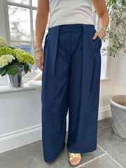Navy Tailored Wide Leg Pleat Trousers
