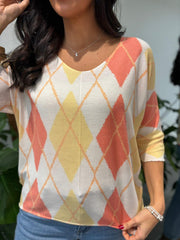 Orange V Neck Argyle Print Top Izzy