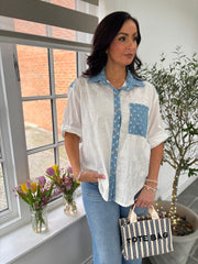 White Embroidered Denim Trim Shirt Lucy