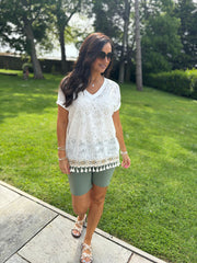 White Floral Lace Tassel Hem Top Gabby
