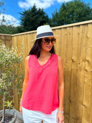 Coral Floral Mesh Bubble Cotton Top Robin