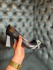 Black Diamante Block Heel Shoes