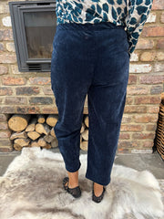 Navy Velour Barrel Leg Trousers Jaiya