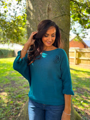 Teal Applique Ruffle Sleeve Knit Crystal